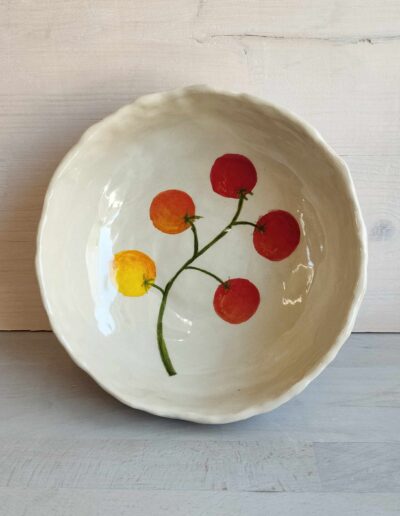 Photographie d'une assiette avec une grappe de cinq tomates pintent